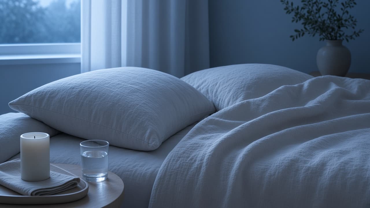 Unlit candle and folded linen on a nightstand in cool dawn light.