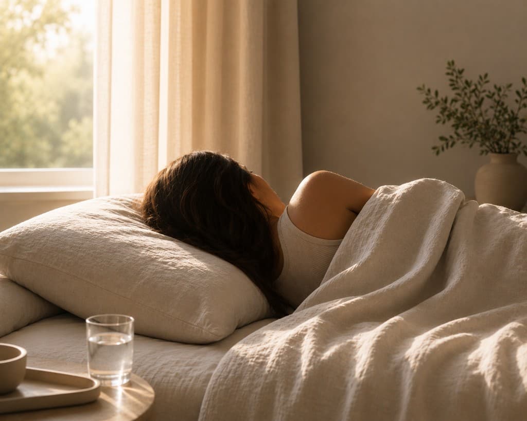 Person sleeping peacefully in linen bedding with soft morning light through sheer curtains, evoking deep sleep and recovery.